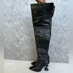COPY - Black Genuine Leather Knee-High Boots with Unique Flared Heels - Size 6